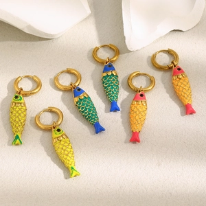 Exaggerated fish pendant earrings in 18K gold plated stainless steel with colorful enamel