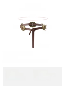 Detail showing vintage brown PU leather belt with round alloy cutouts and 120cm length
