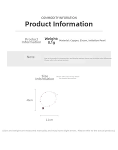 Detailed size specifications for the zircon and pearl necklace with 46cm total length