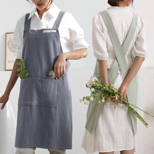 Cotton Linen Apron Solid Color Large Pockets Cross Back H Strap For Kitchen Cooking Gardening Painting Nordic Style