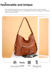 Detail showing soft leather texture and functional multi-pocket design on brown tote bag