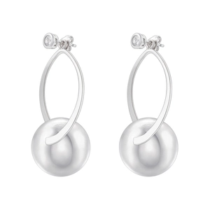 Silver drop earrings with oval loop and large polished metal ball in minimalist style
