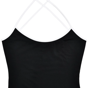 Detail of cross-back white spaghetti straps on a sleek black bodycon dress