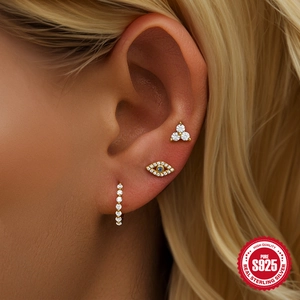 S925 sterling silver geometric evil eye and clover stud earring set with zircons
