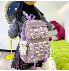 Detail showing purple nylon backpack with unicorn prints and a white bear charm