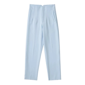 Women's light blue high waisted dress pants with straight leg cut and tailored pockets