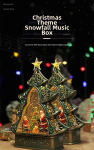 Close-up of Christmas tree music box with floating snow and rotating Santa base