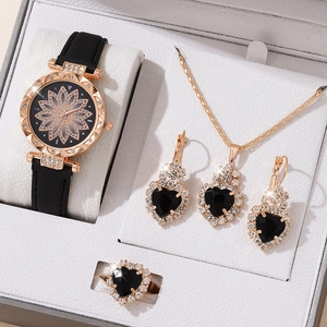 Elegant women's rose gold quartz watch and black heart jewelry set with necklace and rings