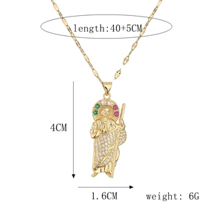 Detailed size specifications for a gold plated Saint Jude pendant with zircon stones