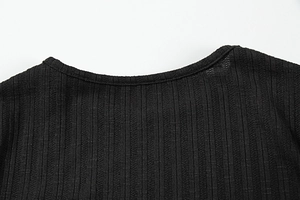 Detailed macro view of the ribbed knit round neckline on a black fitted dress
