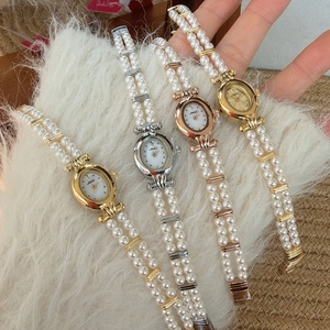 Retro oval pearl watch with mother of pearl dial and double-strand beaded strap