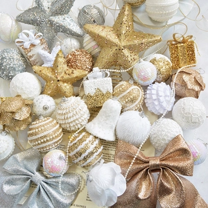 Champagne Gold White Christmas Tree Ornaments Sparkling Plastic Foam Glitter Sequins Artificial Pearls Stars Balls Bells Decor