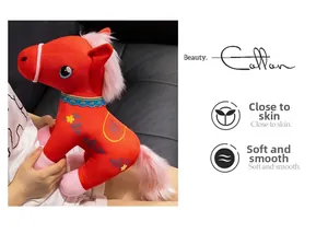 Red plush pony toy with colorful floral embroidery and soft pink mane detail