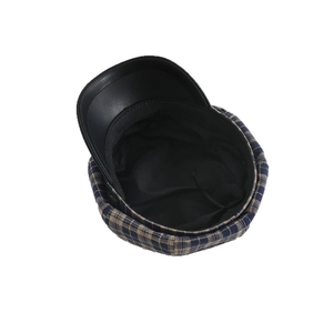 Classic plaid newsboy cap for girls with black faux leather brim and retro blue check pattern