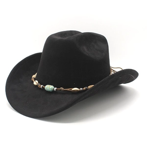Black felt cowboy hat with brown leather band, white shells, and turquoise bead decoration