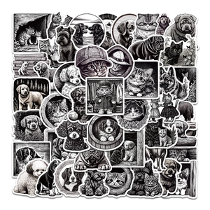 50 pieces of black and white artistic animal stickers for phone cases and laptops decoration