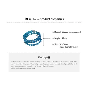 Detailed view of triple-layered blue crystal bead bracelet with dimensions and weight specs
