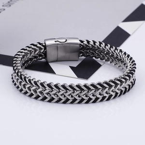Men Braided Chain Bracelet Stainless Steel Silicone Woven Punk Style Geometric Jewelry
