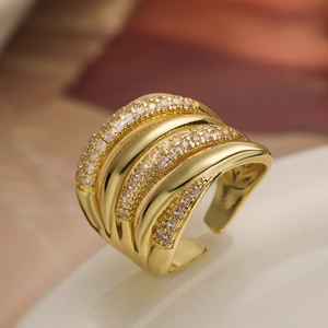 Fashionable gold-plated multi-layer open ring with sparkling cubic zirconia stones