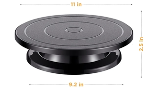 Detailed size chart of the 11-inch black plastic rotating cake turntable for baking