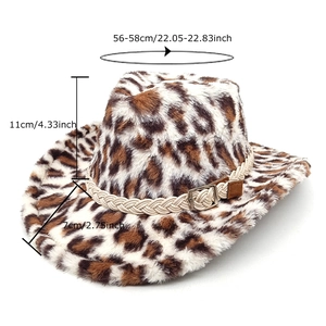 Plush leopard print western cowboy hat with braided rope band and 56-58cm head size