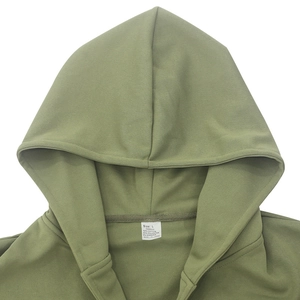Macro shot of hood neckline and inner label showing fabric blend and size L