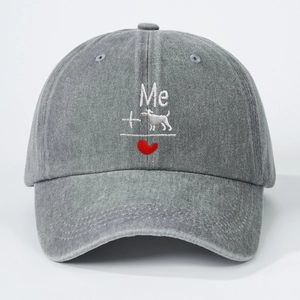 Grey washed denim baseball cap featuring white ME plus dog and red heart embroidery