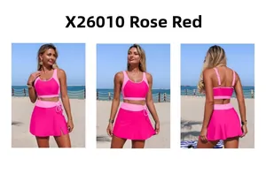 Three views of a rose red two-piece swimsuit with a sporty top and side-slit swim skirt