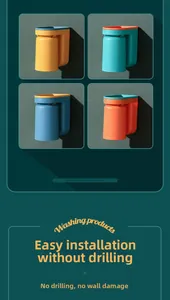 Detail of wall-mounted toothbrush holders with inverted cups and punch-free installation