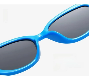 Detail of blue sunglasses showing the integrated nose pad design for a comfortable fit