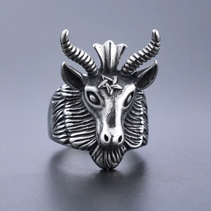 Vintage stainless steel ram head ring with pentagram symbol in punk gothic style
