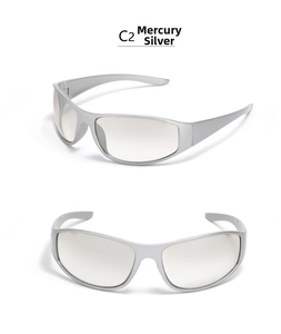 Detail of silver Y2K futuristic oversized sunglasses with streamlined wrap-around frame