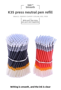 Macro detail of K35 retractable gel pen refills in black and red ink with sealed tips