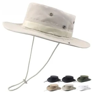 Detail of wide brim sun hat with adjustable chin strap and breathable side vents