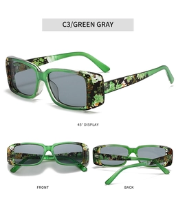 Drei-Seiten-Ansicht der Retro-Rechteck-Sonnenbrille mit grünem Blumenmuster und grauen Gläsern