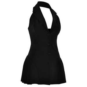 Detail of black halter blazer dress with pleated hem and single-breasted buttons