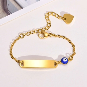 Stainless Steel Evil Eye Bracelet Rectangular ID Plate Heart Charm Adjustable Chain Jewelry For Baby Kids Women