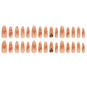 Pink almond press-on nails with red marble swirls and heart charms, 24pc set