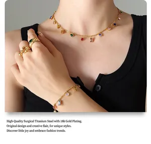 Detail of 18k gold plated titanium steel set with colorful zircons on a model