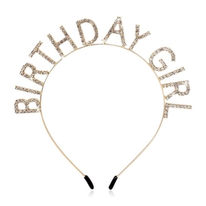 Golden Birthday Girl headband with sparkling white crystals for party celebrations