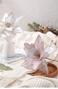 Detailed close-up of 30cm artificial Christmas flower with glitter texture and pink petals