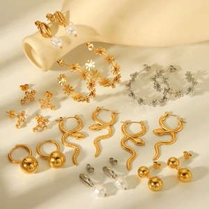 Stainless Steel Earrings For Women Gold Plated Geometric Snake Cross Artificial Pearl Stud Hoop Jewelry Non Fading Hypoallergenic
