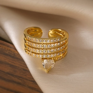 Gold-plated multilayer open ring with heart-shaped zircon and pave stones on silk