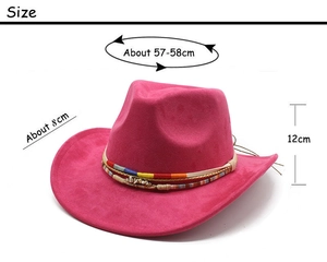 Detailed size chart for rose red western cowboy hat with ethnic style braided band