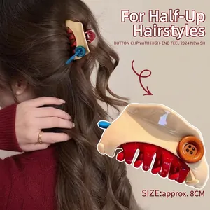Women Hair Claw Clip Plastic Resin With Button Decor Triangle Shark Clip For Half Up Hair Styling Accessories
