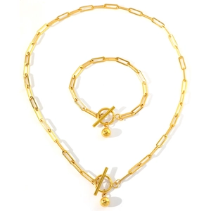 Gold OT toggle clasp necklace and bracelet set with paperclip chains and ball pendant