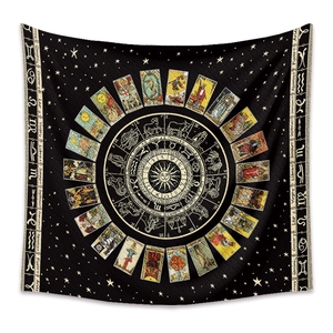 Detail eines schwarz-goldenen Tarot-Wandteppichs mit Tierkreiszeichen und großen Arkana