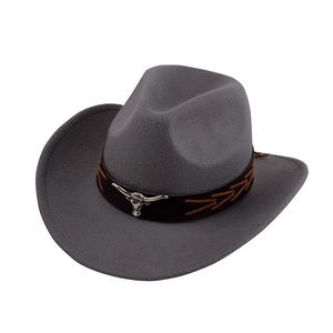 Detail of grey felt cowboy hat featuring silver bull head buckle and woven leather strap