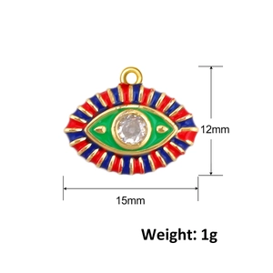 Macro detail of Evil Eye pendant with zircon inlay showing dimensions 12mm x 15mm and 1g weight