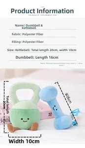 Specifiche dettagliate delle dimensioni per i peluche manubrio blu e kettlebell verde